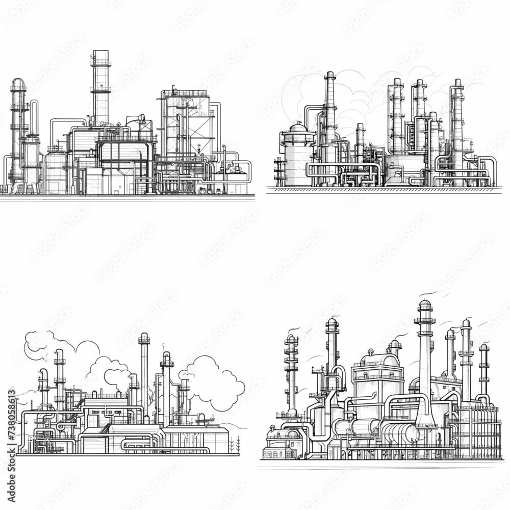 Chemical Plant Operations (Industrial Plant with Pipes and Tanks) simple minimalist isolated in white background vector illustration