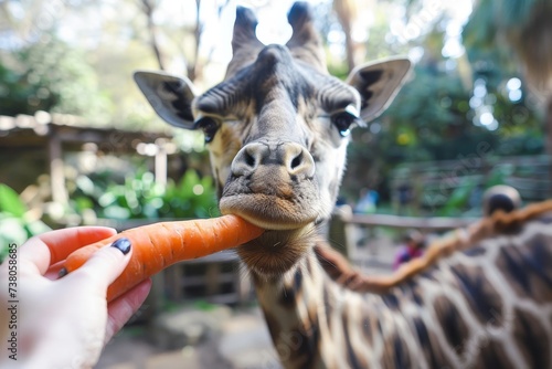 An engaging scene where a human hand with a nail polish extends a carrot to a giraffe in a zoo setting © LifeMedia
