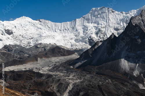 View of Chukchung or Chukung Glacier and Ama Dablam Glacier from Kongma La Pass during Everest Base Camp EBC or Three Passes trekking in Khumjung, Nepal. Highest mountains in the world.