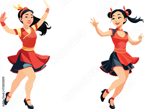 drawings of Asian female figures dancing-