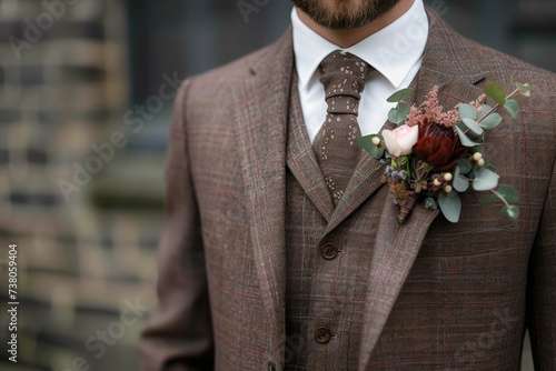 Image showcases a groom's attire with a brown tie and subtle floral boutonniere against a gray textured suit