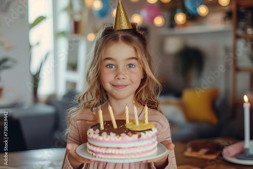 A joyful young girl wearing a party hat beams as she holds a birthday cake with lit candles, ready to make a wish