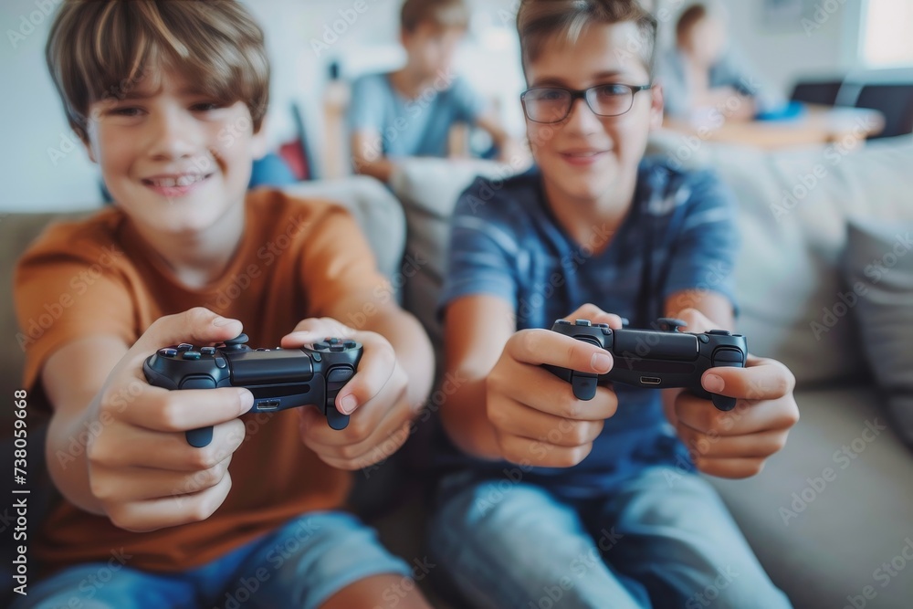 Two enthused young boys with video game controllers seated on a couch and engaging in playful gaming Two enthused young boys with video game controllers seated on a couch and engaging in playful gaming