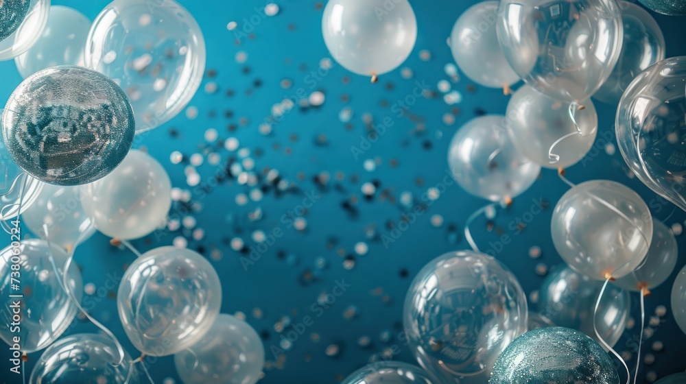 Festive minimalistic blue background with silver and transparent balloons and a lot of free space in the center