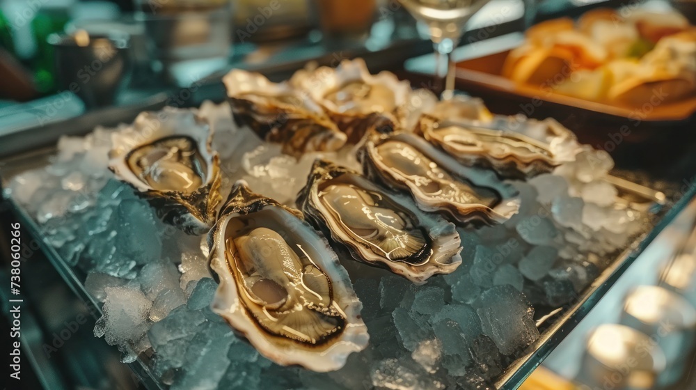 Oysters lie on shiny metal plates in a luxury restaurant Oysters lie on shiny metal plates in a luxury restaurant