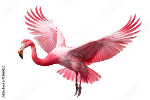 Pink Flamingo Soaring Through the Air With Spread Wings. A pink flamingo bird gracefully flies through the air, showcasing its vibrant plumage and outstretched wings. photo