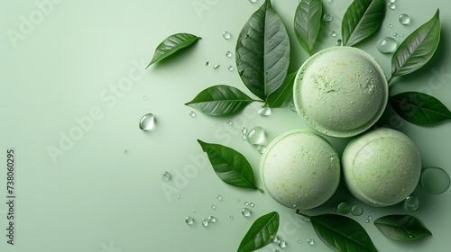 Foto A pale green setting with a bath bomb dictated like green tea leaves and space, Generative AI