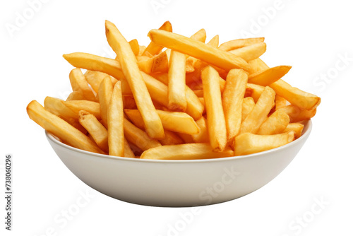 Bowl of French Fries. A bowl filled with golden French fries placed on a plain Transparent background.