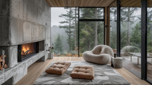 Contemporary interior showcasing an armchair and a crackling fireplace with a view of the forest