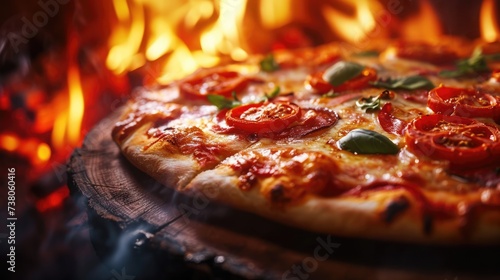 Close up of freshly baked Italian pizza in a wooden oven on blurred background
