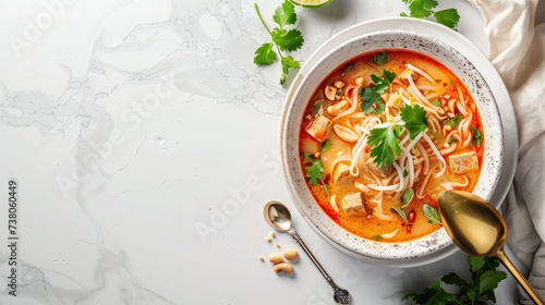 Beautiful photo of phad thai soup in white plates on a white marble table