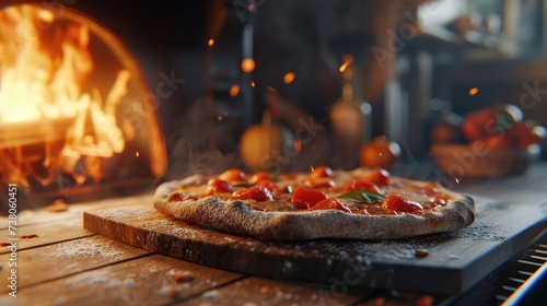 Close up of freshly baked Italian pizza in a wooden oven on blurred background photo