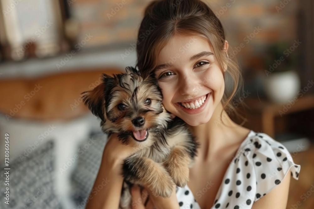 A young beautiful woman in a white dress with black polka dots is holding a Yorkshire terrier puppy in her hands A young beautiful woman in a white dress with black polka dots is holding a Yorkshire terrier puppy in her hands