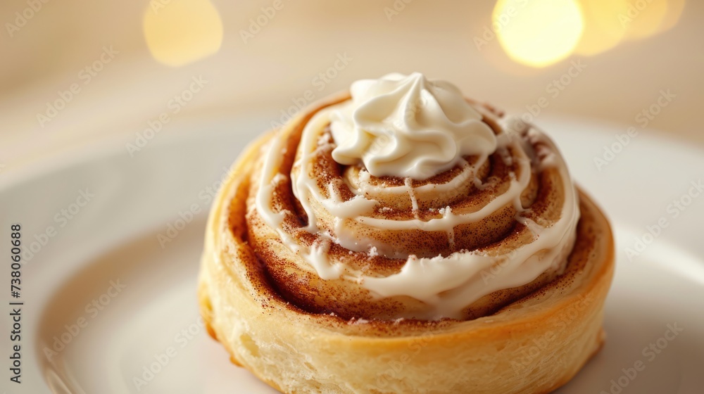 Freshly baked cinnamon roll with whipped white cream on top Freshly baked cinnamon roll with whipped white cream on top