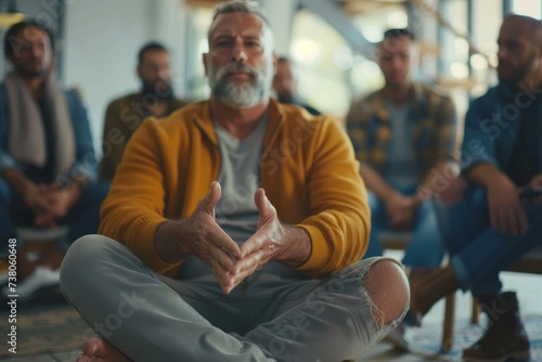 A serene man wearing a mustard yellow cardigan sits cross-legged with hands together in a meditative pose during a group workshop photo