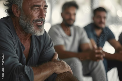 Elderly man with trendy gray hair and beard has a joyous expression while talking and sharing stories in a group meeting