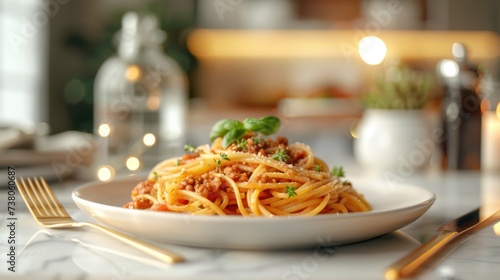 Bolognese pasta on a plate stands on a white marble table
