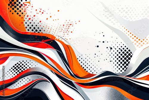 Light abstract background with orange and black waves and dots on white background