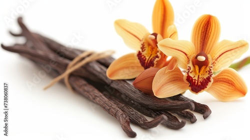 Exquisite vanilla pods and a solitary orchid flower isolated on a pristine white background