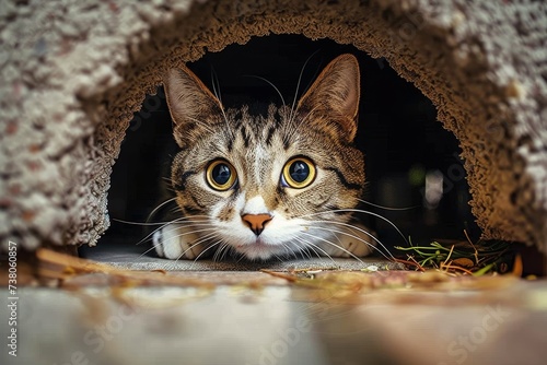 A tabby cat's focused gaze as it hides in a snug and secure nook, with a hint of nature's greenery photo