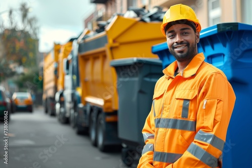 Confident man in safety clothing poses with a row of bright waste disposal trucks in the background