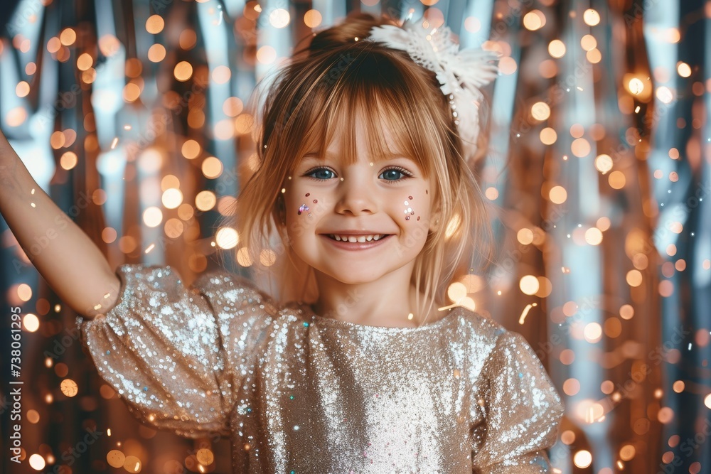 A happy child with face paint and glittering accessories celebrates with a sparkling festive background A happy child with face paint and glittering accessories celebrates with a sparkling festive background