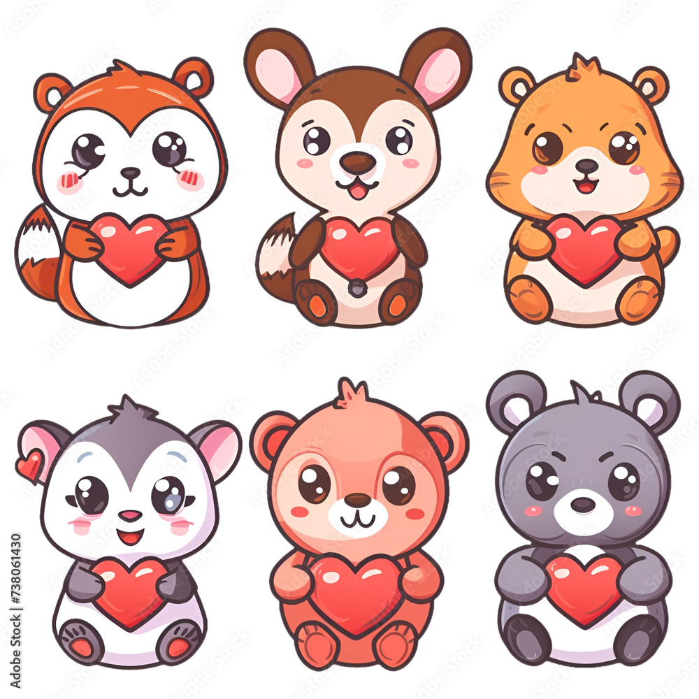 Animals hug love heart shape cartoon sticker style on transparent Background - Ai generated