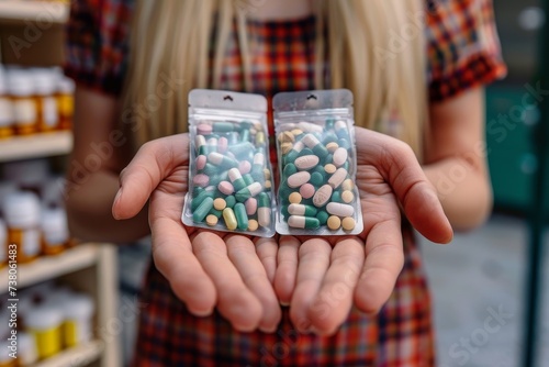 Close-up of woman's hands holding two small packets filled with a variety of colorful pills and capsules