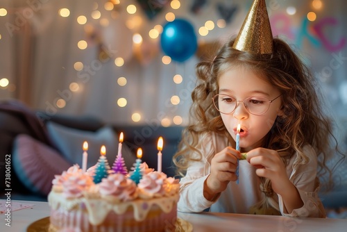 Little girl with party hat blowing candles on birthday cake photo
