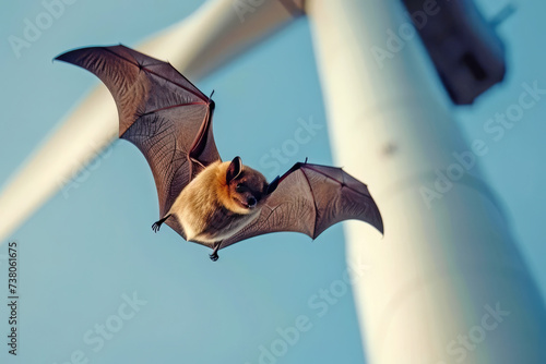 Bat flying torward to a wind turbine 