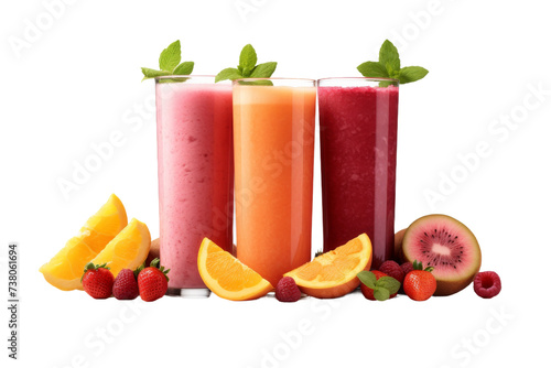 A Group of Three Glasses Filled With Different Types of Smoothies. A photo showcasing three glasses filled with various flavors of smoothies  each distinct in color and ingredients.