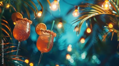 Abstract minimalistic background for a summer holiday party with palm trees, alcoholic cocktails, garlands