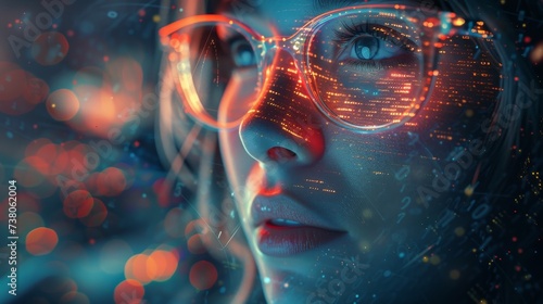 Data analytics, digital technology, and night overlay. Programmer or IT person in glasses on a 3D screen, programming and cybersecurity research.