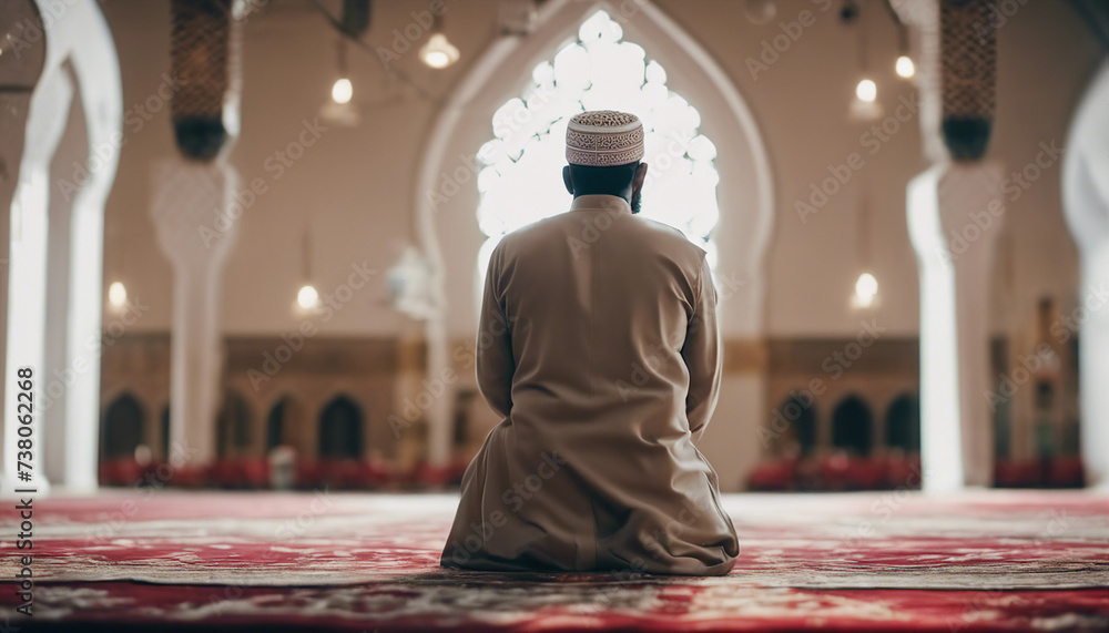 rear view of a Muslim worshipping in a mosque, copy space for text, wide angle lens
rear view of a Muslim worshipping in a mosque, copy space for text, wide angle lens