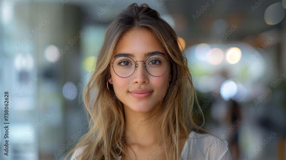 Smiling Businesswoman, Information Technology Manager, Robotics Engineering Specialist in a Smart Corporate Shirt and Glasses, looking at the camera.