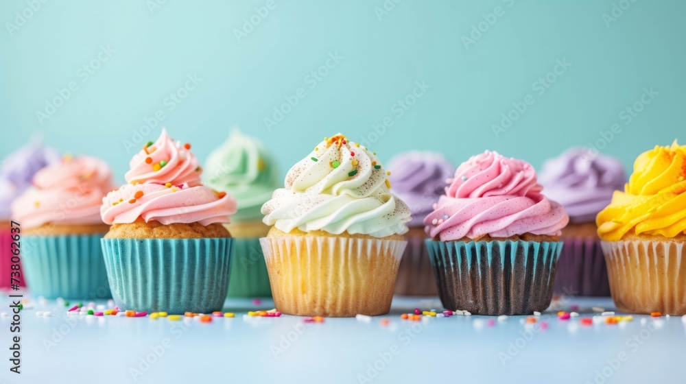 A row of cupcakes with frosting and sprinkles A row of cupcakes with frosting and sprinkles