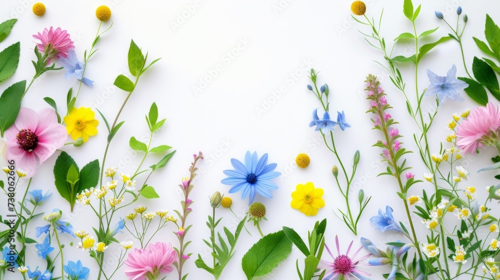 A bunch of different colored flowers on a white surface