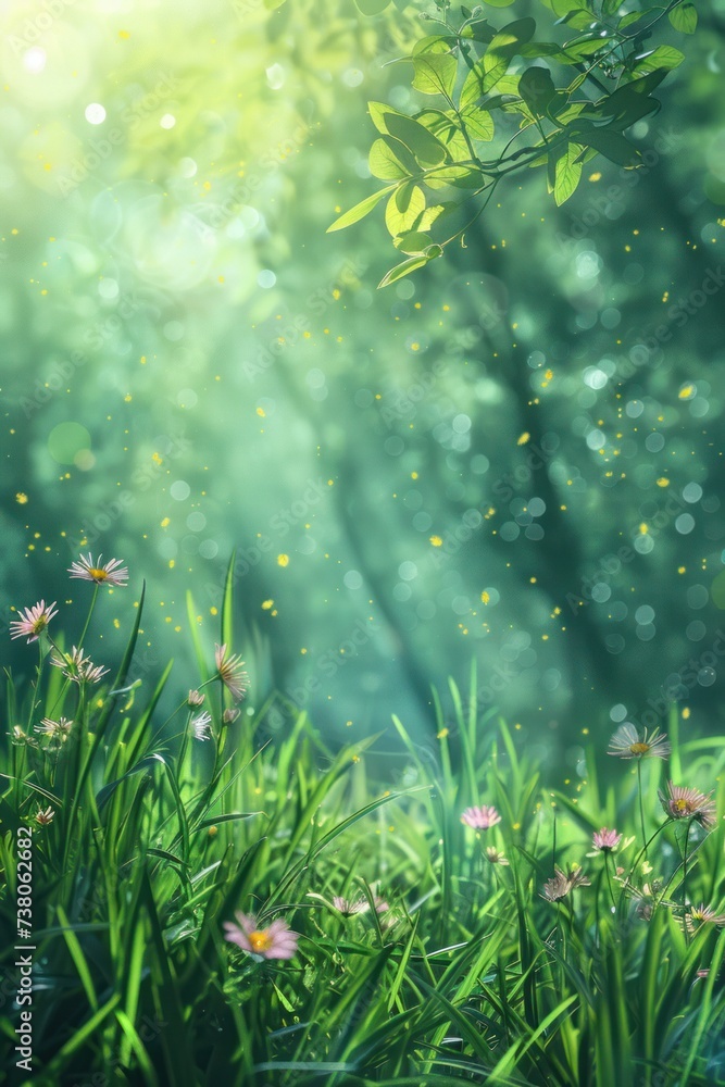Beautiful minimalistic natural spring background. Below there is grass and flowers. Sun rays and bokeh from above Beautiful minimalistic natural spring background. Below there is grass and flowers. Sun rays and bokeh from above