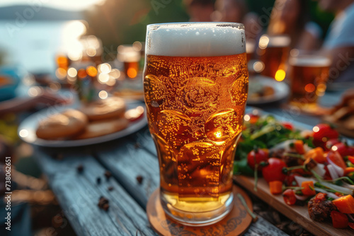 On a table full of delicious food, there is a cold beer and a beer cup full of foam