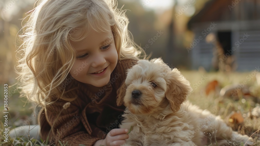 A little girl with blond hair plays with a fluffy blond puppy on the grass near the house A little girl with blond hair plays with a fluffy blond puppy on the grass near the house