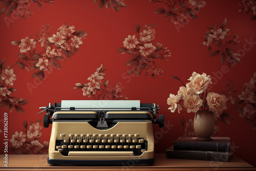 Old vintage typewriter on the wooden table in front of  floral wallpaper