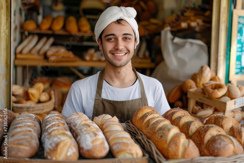 A cheerful young baker with a headband showcasing freshly baked bread in a bakery full of various bread loaves