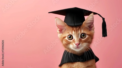 Fluffy cat in graduation cap and gown on pastel background with space for personalized messages