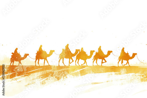camel caravans walking side by side in the desert