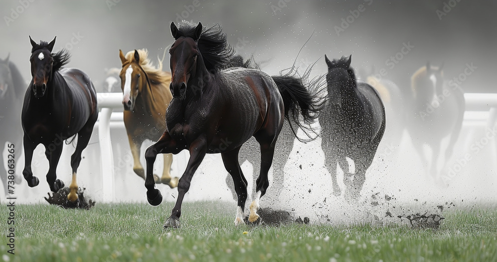 This high-speed image shows a herd of powerful horses galloping along a dusty path, with the focus on the lead horse This high-speed image shows a herd of powerful horses galloping along a dusty path, with the focus on the lead horse