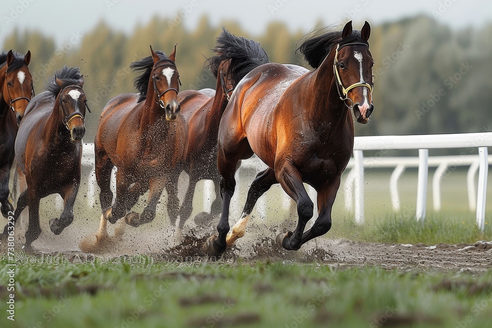 The vibrancy of majestic chestnut horses galloping with unbridled energy on a racetrack, displaying their power