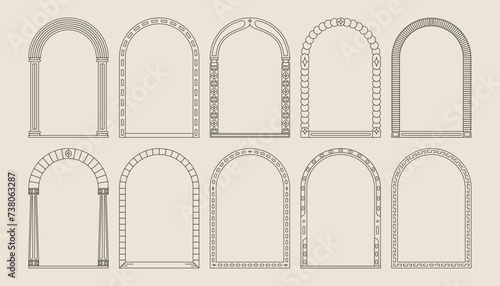 Boho frame arch vector illustration modern minimalistic retro aesthetic linear arc portal logo bohemian design element mystical geometric abstract border
