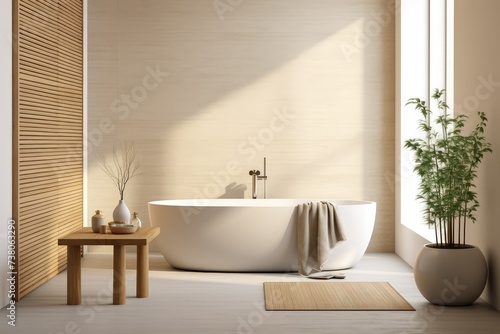 modern bathroom interior. Interior of modern bathroom with beige walls, concrete floor, comfortable white bathtub standing near round wooden table with towel on it. 3d rendering.