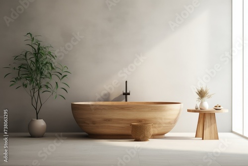 modern wooden bathtub. Interior of modern bathroom with white walls  tiled floor  comfortable bathtub and round wooden countertop. 3d rendering