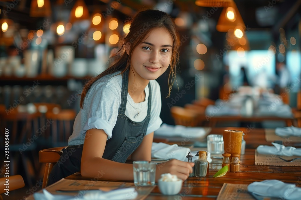 A young female waitress in a denim apron smiles at the camera in a warmly lit restaurant A young female waitress in a denim apron smiles at the camera in a warmly lit restaurant